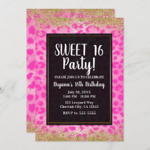 Pink Leopard Cheetah Gold Glitter Birthday Party Invitation