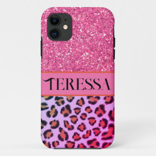 Pink Leopard cheetah pattern pink sparkle glitter  iPhone 11 Case