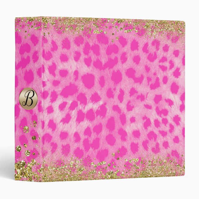 Pink Leopard Cheetah Print Gold Glitter Monogram Binder (Front/Spine)