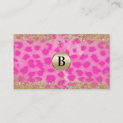 Pink Leopard Cheetah Print Gold Glitter Monogram Business Card