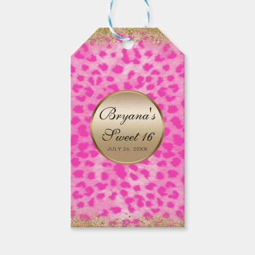 Pink Leopard Cheetah Print Gold Glitter Monogram Gift Tags