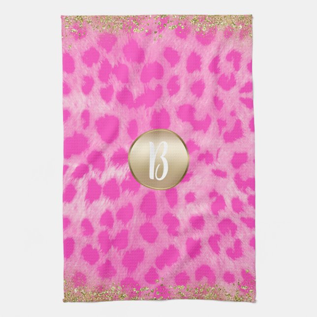 Pink Leopard Cheetah Print Gold Glitter Monogram Kitchen Towel (Vertical)