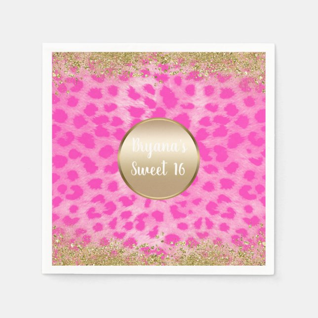 Pink Leopard Cheetah Print Gold Glitter Monogram Napkins (Front)