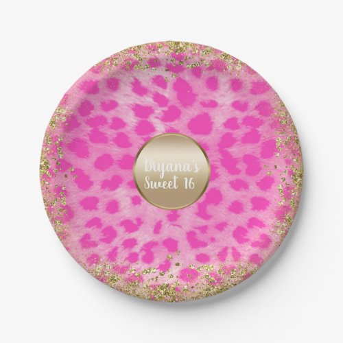 Pink Leopard Cheetah Print Gold Glitter Monogram Paper Plates