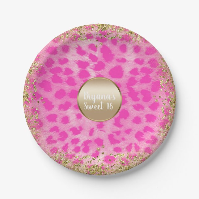 Pink Leopard Cheetah Print Gold Glitter Monogram Paper Plates (Front)
