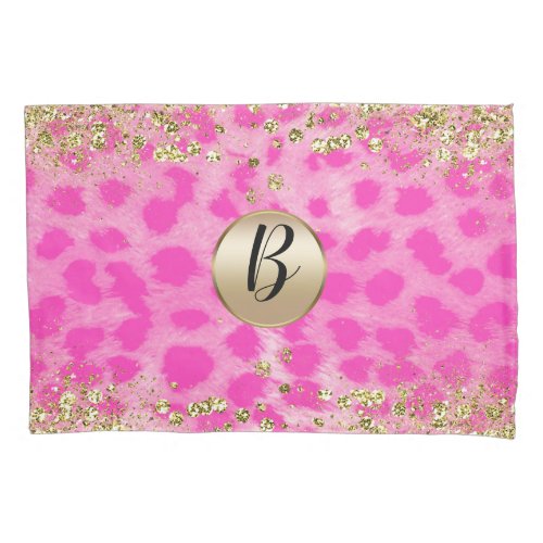 Pink Leopard Cheetah Print Gold Glitter Monogram Pillow Case