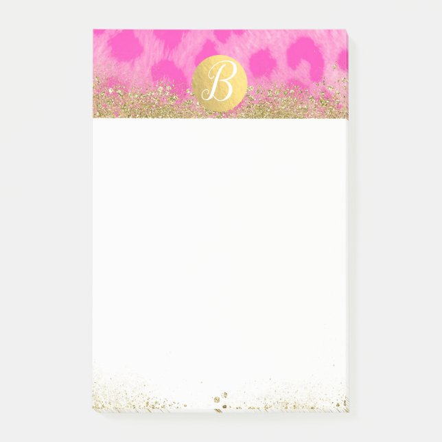 Pink Leopard Cheetah Print Gold Glitter Monogram Post-it Notes (Front)
