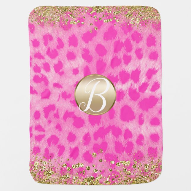 Pink Leopard Cheetah Print Gold Glitter Monogram Receiving Blanket (Front)
