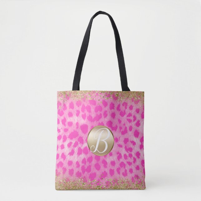 Pink Leopard Cheetah Print Gold Glitter Monogram Tote Bag (Front)