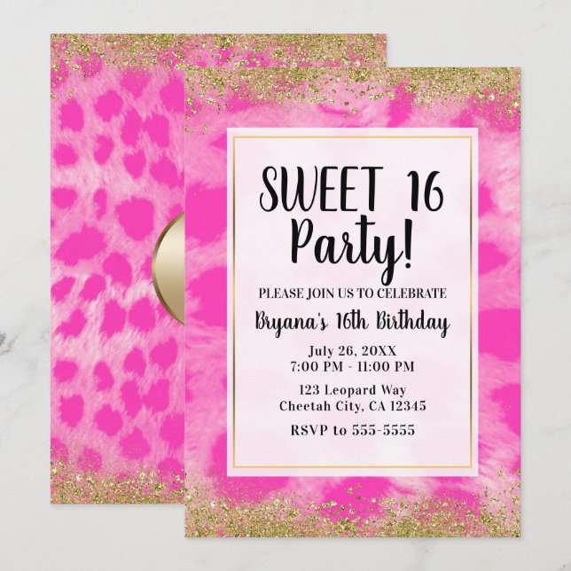 Pink Leopard Cheetah Print Gold Glitter Party Invitation (Front/Back)