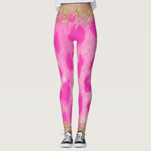 Pink Leopard Cheetah Print Gold Glitter Trendy Leggings