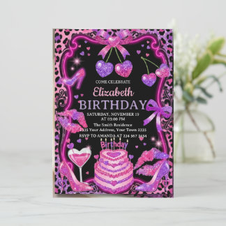 Pink Leopard Cherry Birthday Invitation