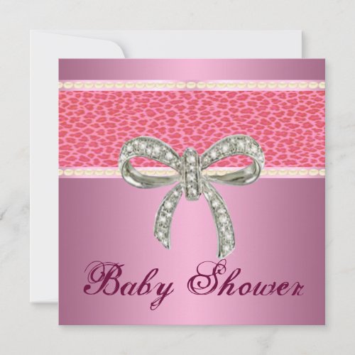Pink Leopard Diamond Bow Baby Shower Invitation