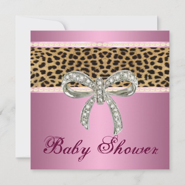 Pink Leopard Diamond Bow Baby Shower Invitation (Front)