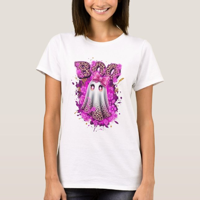 Pink Leopard Ghost BOO Halloween Shirt (Front)