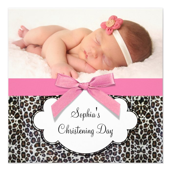 Pink Leopard Girl Photo Christening Invites