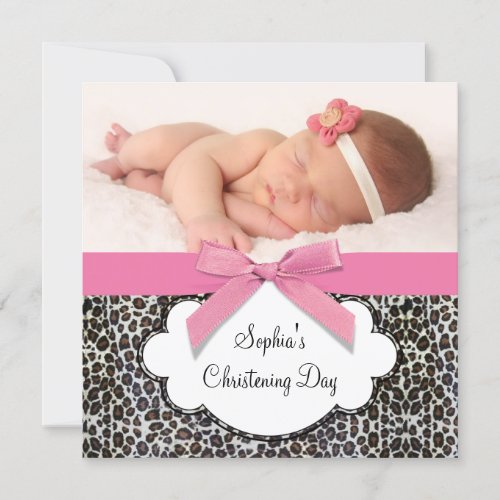 Pink Leopard Girl Photo Christening Invites