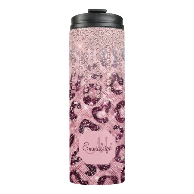 Pink Leopard Glitter Diamond Drip Monogram Thermal Thermal Tumbler (Front)