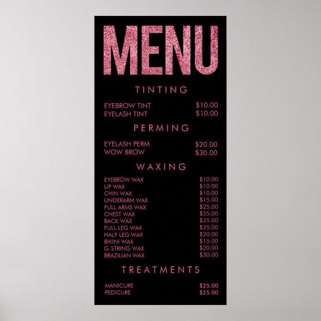 Pink Leopard Glitter Salon Menu Wall Poster (Front)