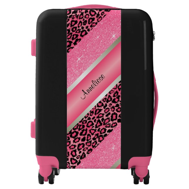 Pink Leopard & Glittery Diagonal Print Luggage (Front)
