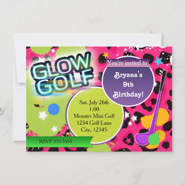 Pink Leopard Glow Golf Golfing Party Invitations (Front)