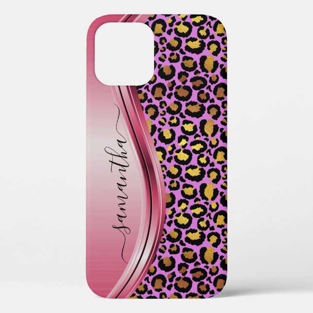 Pink Leopard  Handwritten Name Metal Case-Mate iPhone Case (Back)