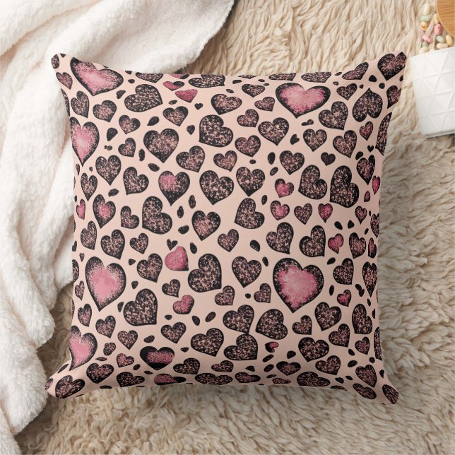 Pink Leopard Heart Pattern on Blush Throw Pillow (Blanket)