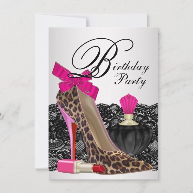 Pink Leopard High Heel Shoe Girly Birthday Party Invitation (Front)