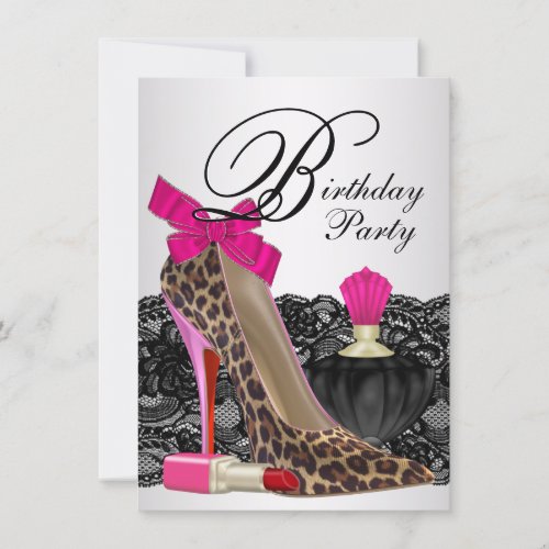 Pink Leopard High Heel Shoe Girly Birthday Party Invitation
