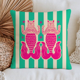 Pink Leopard Merrmaids on Green Stripes Nautical Throw Pillow