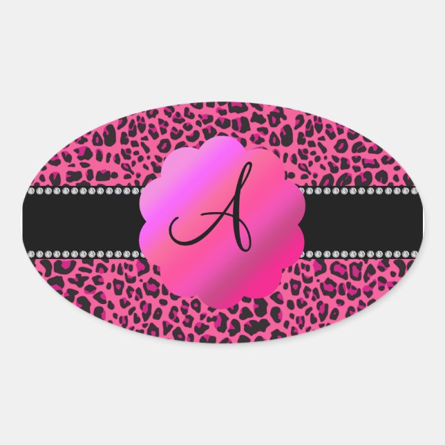 Pink leopard monogram oval sticker (Front)