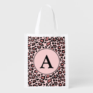 Pink Leopard Monogram Reusable Grocery Bag