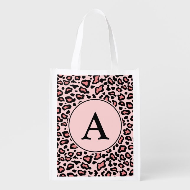 Pink Leopard Monogram Reusable Grocery Bag (Front)