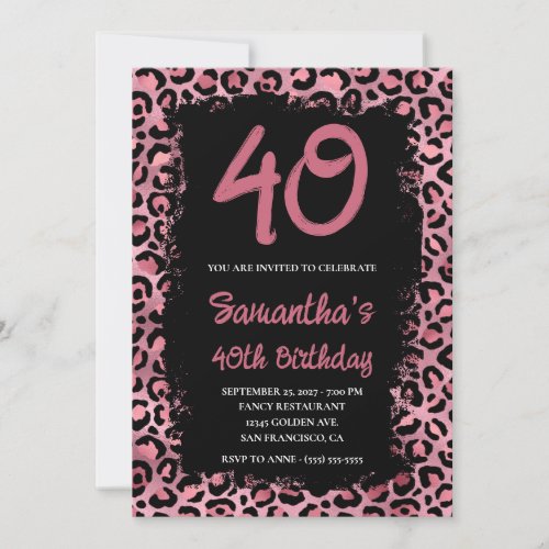 Pink Leopard Painted Black 40th Birthday Invitation