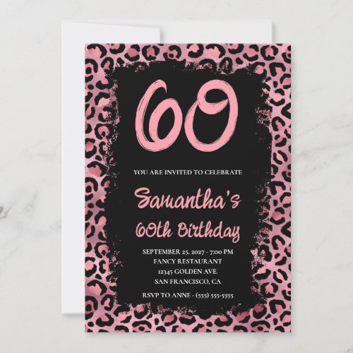 Pink Leopard Painted Black 60th Birthday Invitation