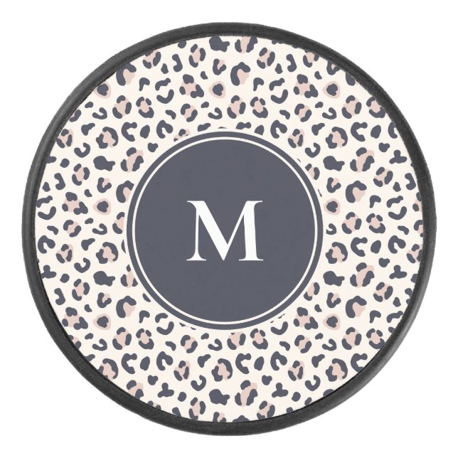Pink Leopard pattern monogram Hockey Puck (Front)