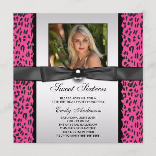 Pink Leopard Photo Sweet 16 Birthday Party Invitation