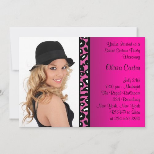 Pink Leopard Photo Sweet Sixteen Birthday Party Custom Invitations