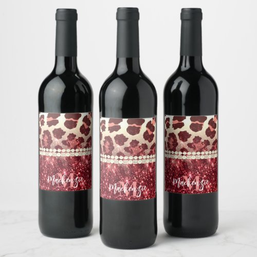 Pink Leopard Print and Glitter Wine Label