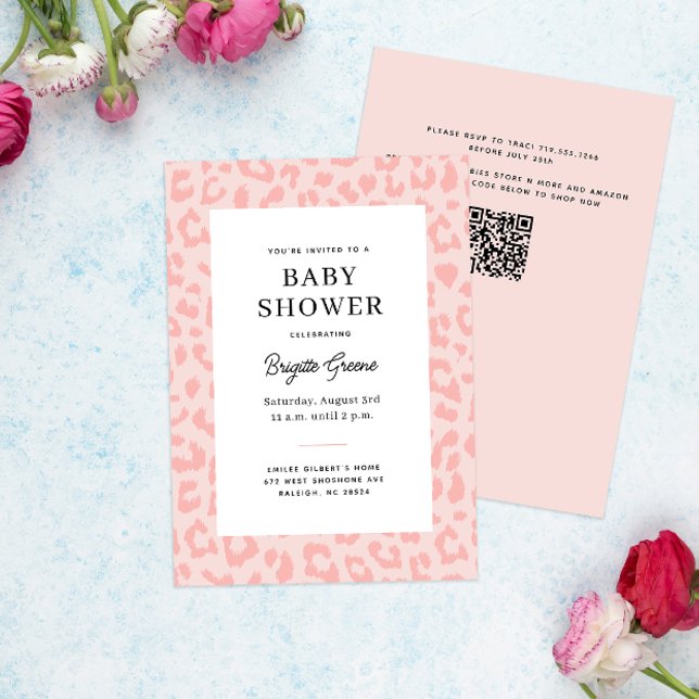 Pink Leopard Print Baby Shower Invitation (soft pink leopard print framed modern girly baby shower)