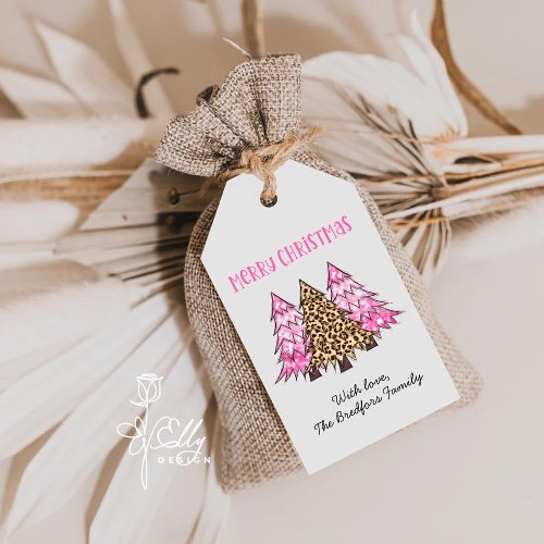 Pink Leopard Print Christmas Trees  Gift Tags