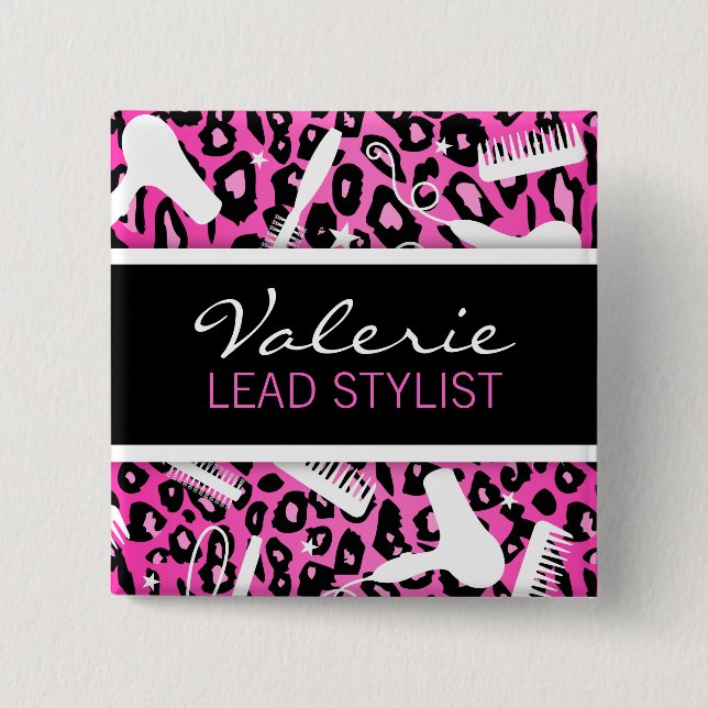 Pink Leopard Print (Custom) Hair Salon Name Badge Pinback Button (Front)