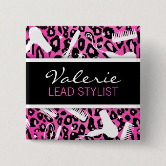 Pink Leopard Print (Custom) Hair Salon Name Badge Pinback Button