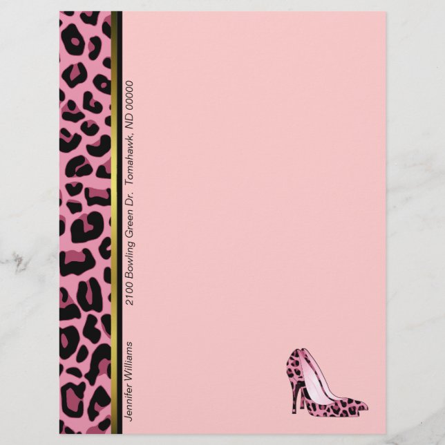 Pink Leopard Print Custom Letterhead Stationery (Front)