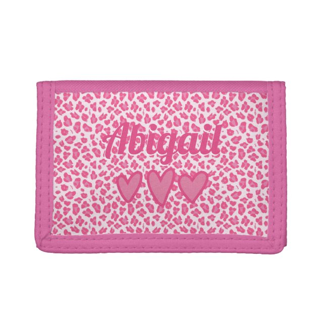 Pink Leopard Print Cute Personalized Kids Trifold Wallet (Front)