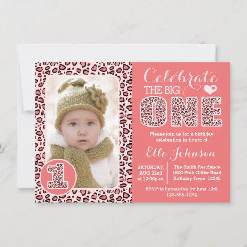 Pink Leopard Print First Birthday Party Invitation