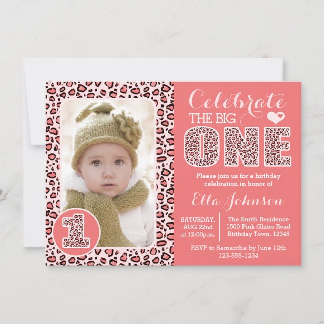 Pink Leopard Print First Birthday Party Invitation (Front)