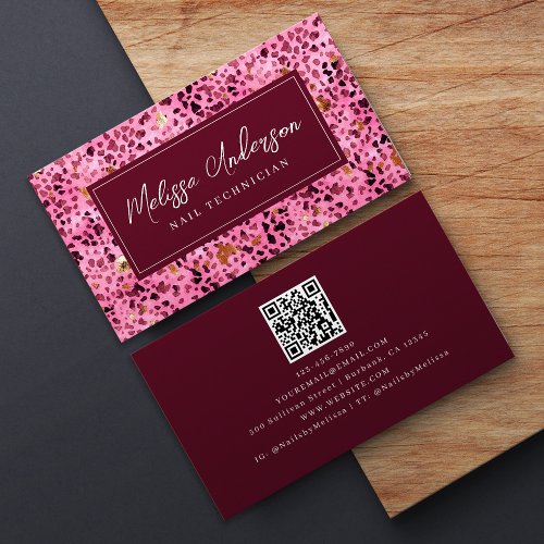 Pink Leopard Print Gold Foil QR Code Luxe Business Card