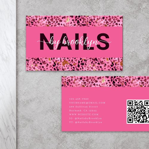 Pink Leopard Print Gold Foil QR Code Nail Tech Business Card