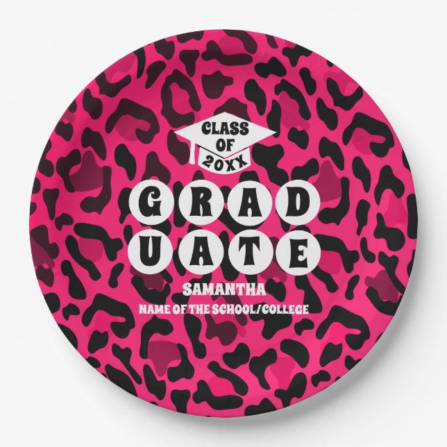Pink Leopard Print Graduation Party Paper Plates (Front)